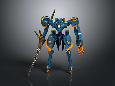 Blue And Orange Armored Mech Robot With Sharp Sword And Mechanical Limbs 3d model