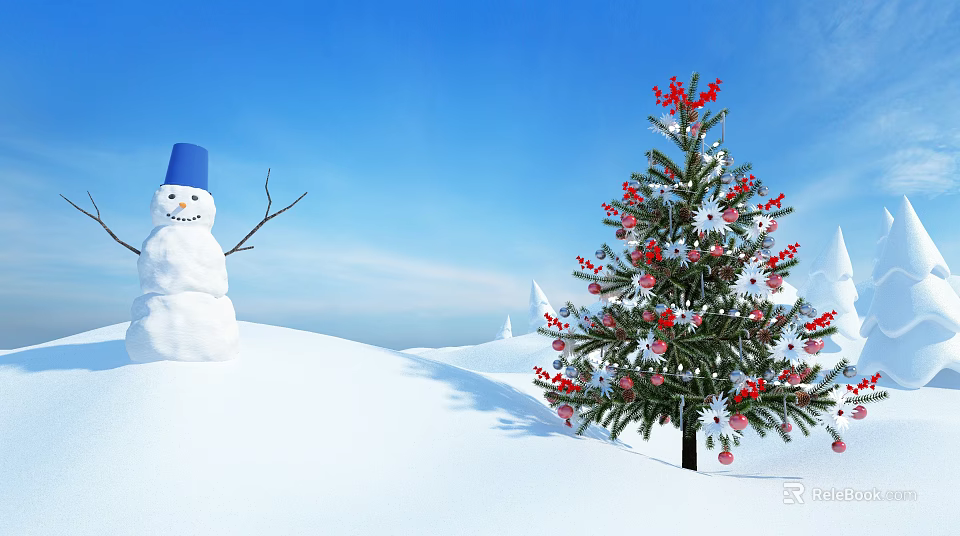 Winter Landscape With Snowman And Decorated Christmas Tree In Blue Sky 3d model 