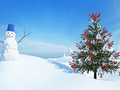 Winter Landscape With Snowman And Decorated Christmas Tree In Blue Sky 3d model