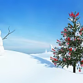 Winter Landscape With Snowman And Decorated Christmas Tree In Blue Sky