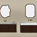 Modern Brown Bathroom Vanity With Double Mirrors Irregular Shaped And Rectangular Gold Framed White Countertops 3d model