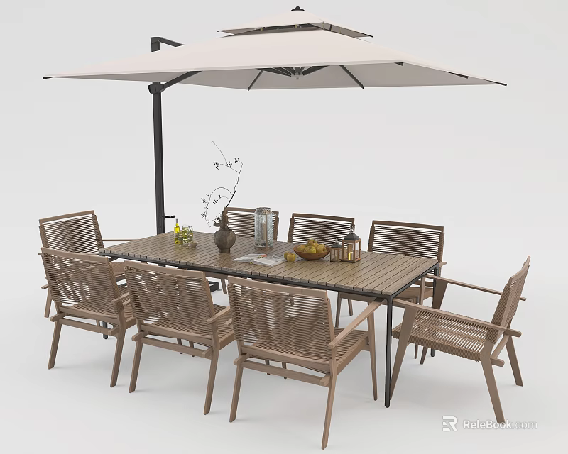 Stylish Outdoor Wicker Chairs With Dining Table And Umbrella In Modern Patio Space 3d model 