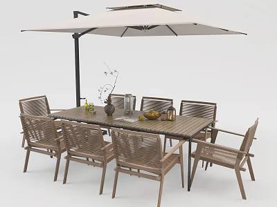 Stylish Outdoor Wicker Chairs With Dining Table And Umbrella In Modern Patio Space 3d model