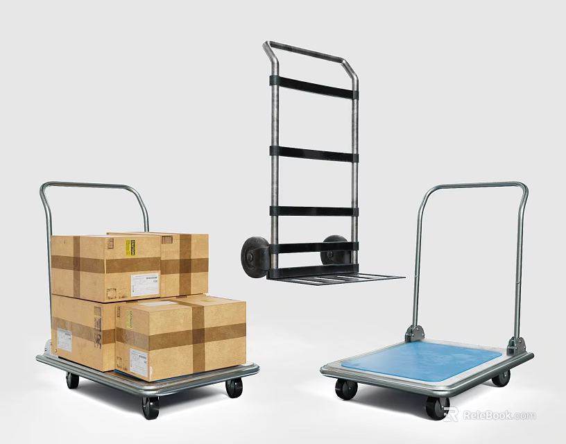 Different Hand Trucks Featuring Loaded Cardboard Boxes And Empty Transport Platforms 3d model 