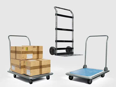 Different Hand Trucks Featuring Loaded Cardboard Boxes And Empty Transport Platforms 3d model