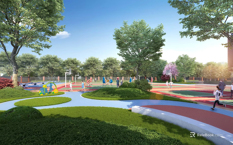 Vibrant Public Garden Landscape With Lush Greenery Sports Fields And Safe Children Activity Spaces 3d model 