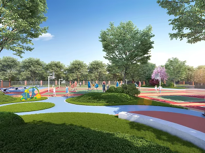 Vibrant Public Garden Landscape With Lush Greenery Sports Fields And Safe Children Activity Spaces 3d model