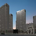 Modern High Rise Residential Buildings With Commercial Street Pedestrians And Trees