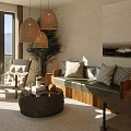 Boutique Guesthouse Living Space With Rattan Pendant Lights Wooden Sofa Stone Coffee Table And Mountain View Windows