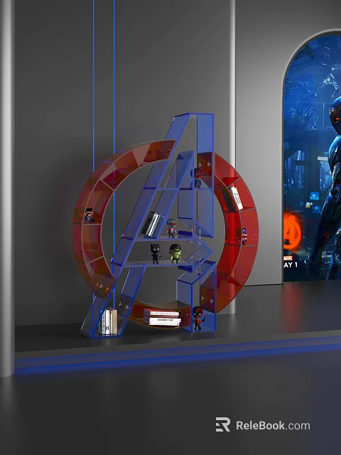 Modern Circular Ring Shaped Bookcase With Glass Shelves And Decorative Figurines 3d model 