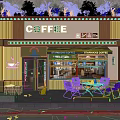 Elegant Coffee Shop Storefront With Green Plants Illuminated Sign Awnings And Outdoor Seating