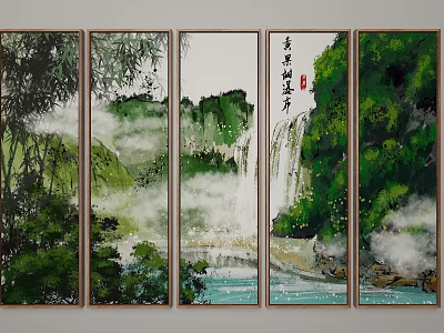 Five Panel Traditional Chinese Landscape Painting With Mountains Waterfall Bamboo Mist And Calligraphic Characters 3d model