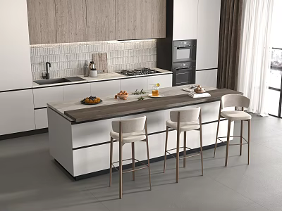 Modern Kitchen Bar Area With Island Counter Stools Fruits And Drinks 3d model