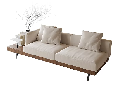 Beige Two-Seater Sofa with Soft Cushions Wooden Base and Side Table with Branches in Vase 3d model