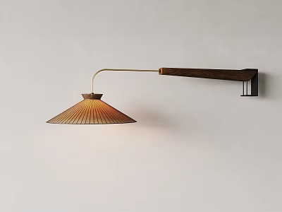 Modern Minimalist Wall Lamp With Wooden Arm And Pleated Fabric Shade 3d model