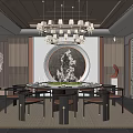 Elegant Chinese Style Private Dining Room Interior With Circular Painting Chandelier And Round Table 3d model