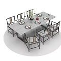 Modern Dining Table and Chairs Set with Flower Vase and Tableware 3d model