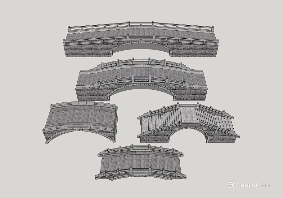 Multiple Traditional Arch Bridge Designs With Intricate Railings And Curved Structures 3d model 