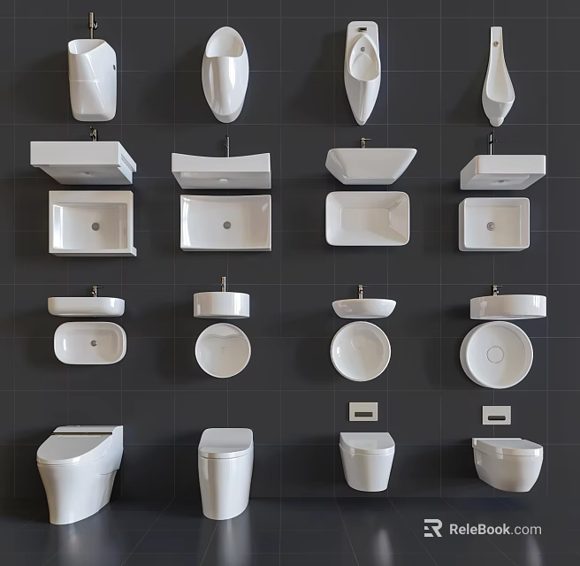 White Modern Toilet Collection With Various Styles Wall Mounted Floor Standing On Dark Grid Wall 3d model 
