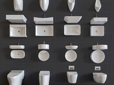 White Modern Toilet Collection With Various Styles Wall Mounted Floor Standing On Dark Grid Wall 3d model