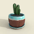 Three Indoor Decorative Cactus Bonsai Plants in Blue Brown Ceramic Pots with Patterns