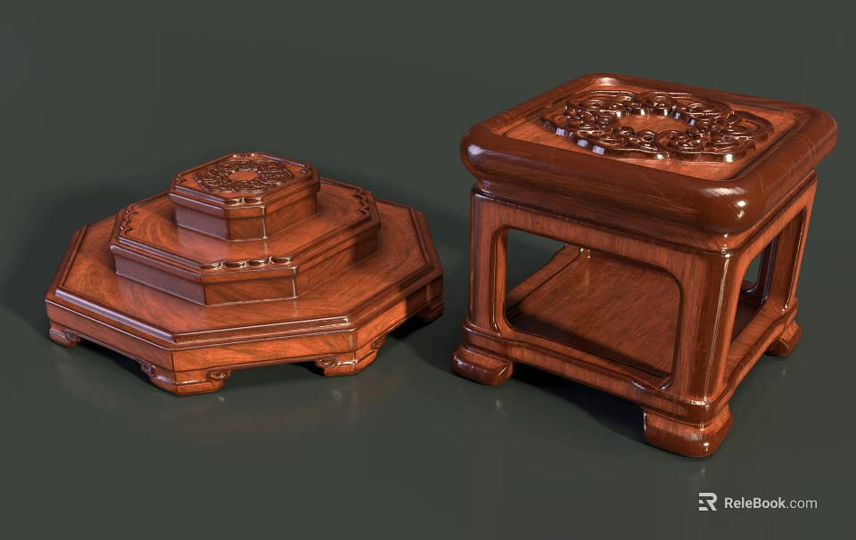 Elegant Wooden Multi Tiered Shelves With Octagonal And Square Carved Designs 3d model 