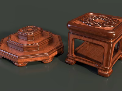 Elegant Wooden Multi Tiered Shelves With Octagonal And Square Carved Designs 3d model