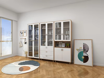 Modern Bookcase With Glass Doors Drawers And Framed Artwork On Herringbone Wooden Floor 3d model