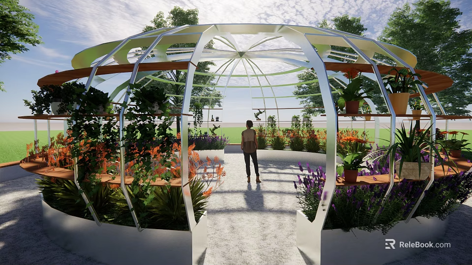 Transparent Metal Frame Landscape Pavilion With Colorful Flowers Potted Plants And Seats 3d model 