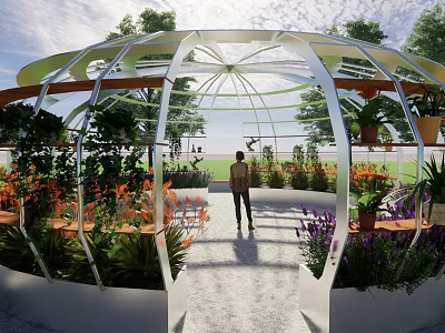 Transparent Metal Frame Landscape Pavilion With Colorful Flowers Potted Plants And Seats 3d model