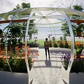 Transparent Metal Frame Landscape Pavilion With Colorful Flowers Potted Plants And Seats