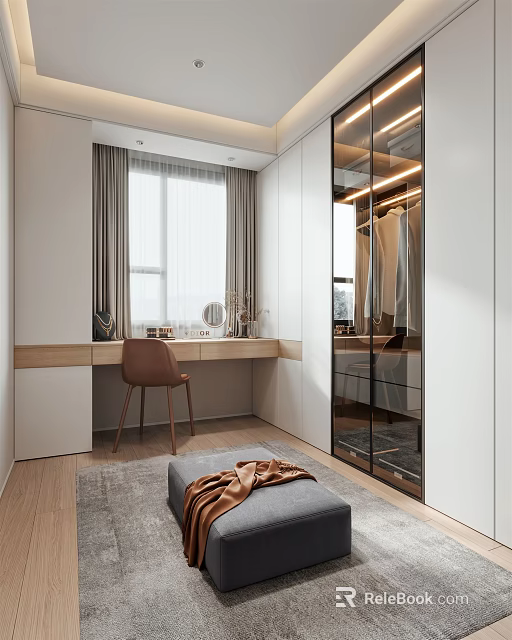 Modern Walk in Closet Interior With Dressing Table Mirror Wardrobe And Lighting 3d model