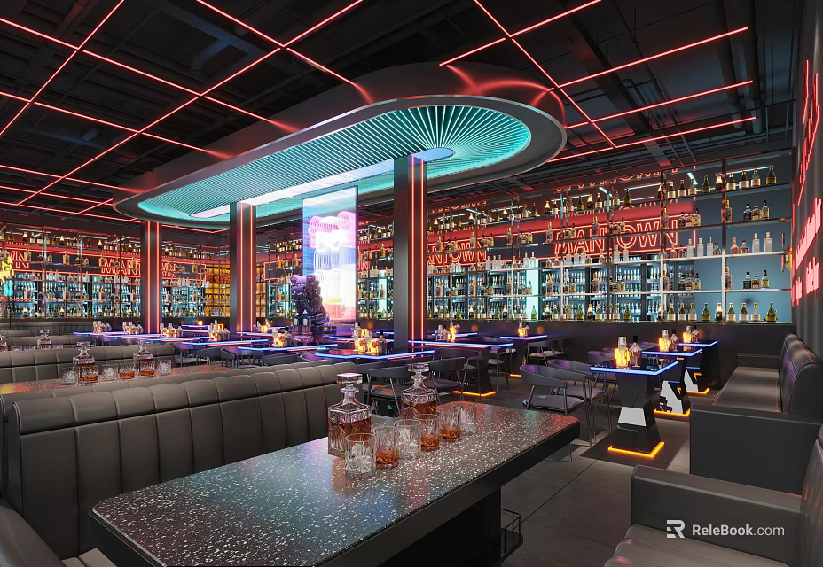 Modern Bar Interior With Neon Lights Seating And Liquor Displays 3d model 