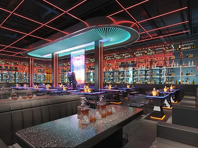 Modern Bar Interior With Neon Lights Seating And Liquor Displays 3d model