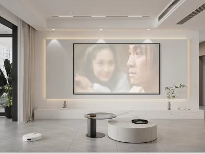Modern Bright Minimalist Living Room With Large Projection Screen Round Coffee Tables And Warm Lighting 3d model