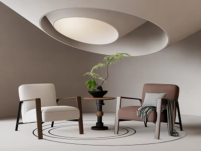 Modern Leisure Chairs With White Brown Fabric Wooden Legs Small Table And Green Plant 3d model
