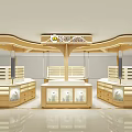 Elegant Jewelry Store Interior With Golden Display Counters Bright Lighting And Glass Showcases
