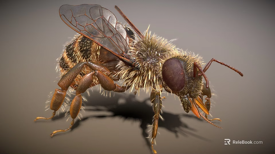 Close Up View Of Hairy Bee With Transparent Wings And Compound Eyes 3d model 