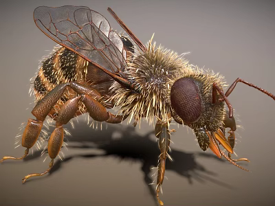 Close Up View Of Hairy Bee With Transparent Wings And Compound Eyes 3d model