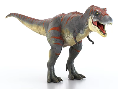 Realistic Tyrannosaurus Rex Dinosaur With Open Mouth Gray Body And Red Stripes 3d model