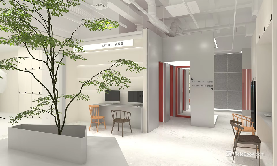 Modern Mall Store Interior Design With Indoor Tree Tables And Display Counter 3d model 