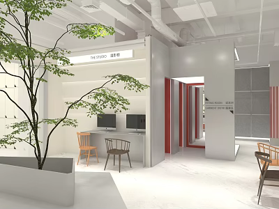 Modern Mall Store Interior Design With Indoor Tree Tables And Display Counter 3d model