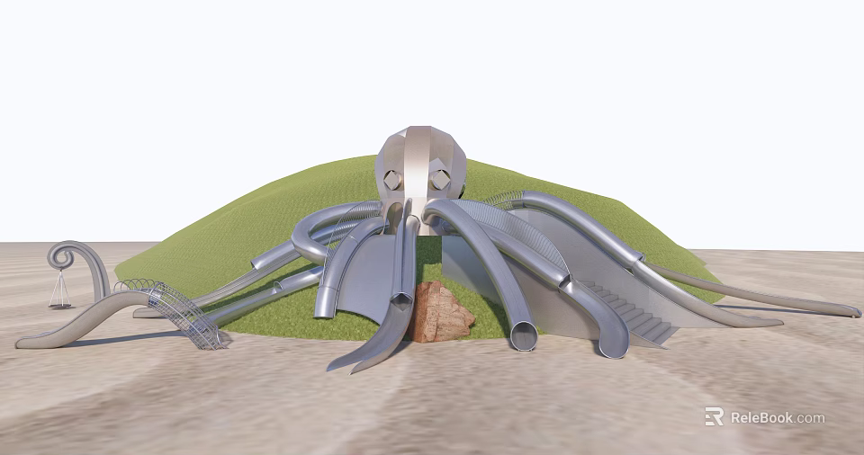 Octopus Shaped Outdoor Play Equipment with Multiple Slides Green Hill and Steps 3d model 