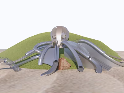 Octopus Shaped Outdoor Play Equipment with Multiple Slides Green Hill and Steps 3d model