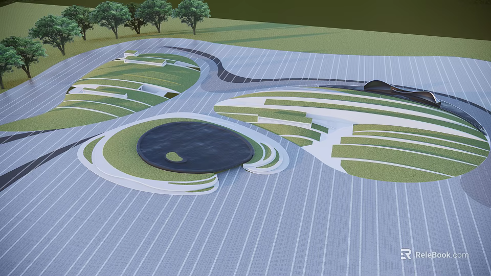 Modern Landscape Design With Geometric Lawns Curved Paths And Circular Structures 3d model