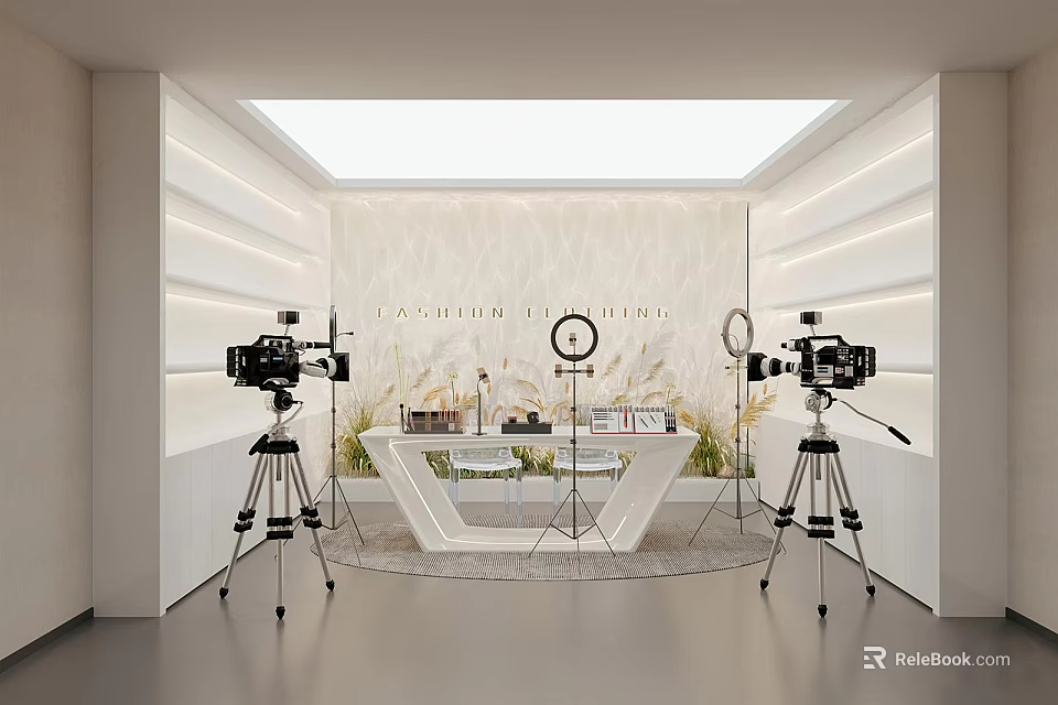 Modern Public Office Space Interior Design With Cameras Tripods Counter Plants And Lighting 3d model 