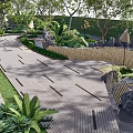Sunlit Courtyard Garden with Lush Trees Green Plants Stone Path and Natural Rocks