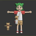 Green Haired Girl Character With Red White Sleeves And Teddy Bear Plush Companion