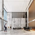 Modern Reception Area in Lobby with Marble Walls Glass Doors Reception Desk and Two People