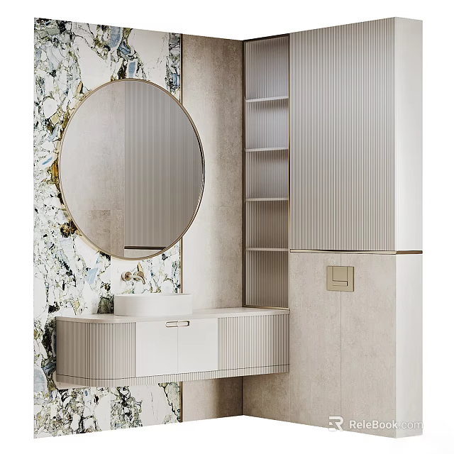 Modern Bathroom With Round Mirror Marble Wall And White Vanity Cabinet 3d model 
